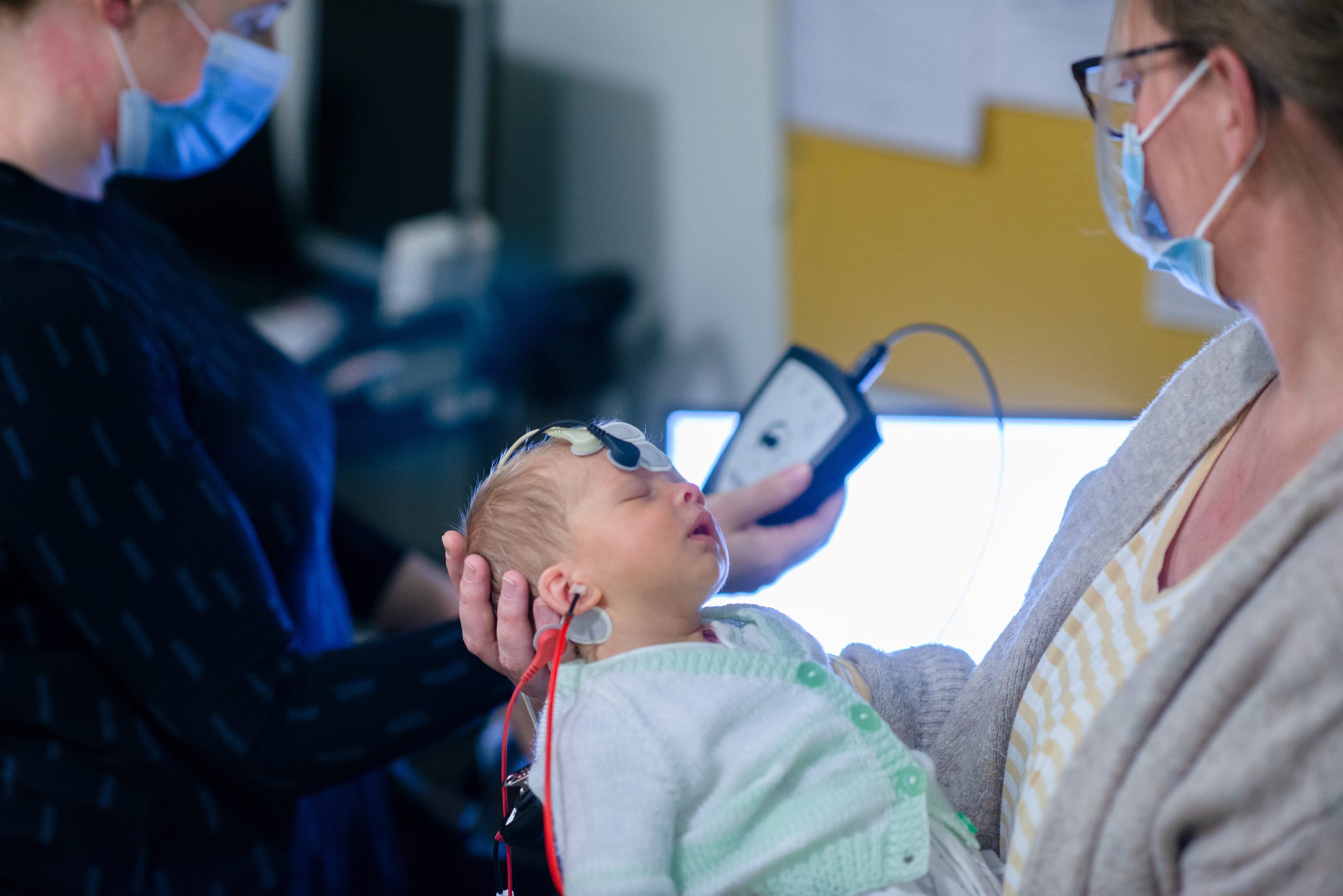 Six-week-old Alba Rowe having her hearing testing with the new Auditory Brainstem Response Equipment